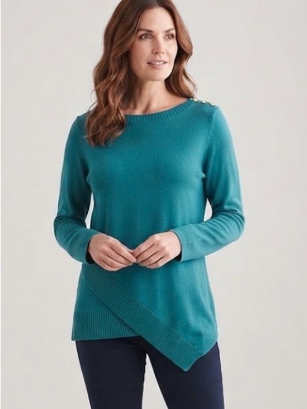 Rafaella Teal Crewneck Sweater with Asymmetric Hem